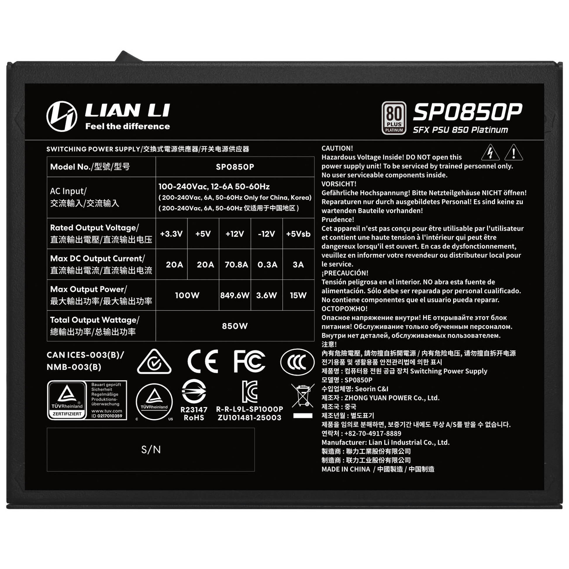 Zasilacz Lian Li SP850 Platinum SFX ATX 3.1 PCIe 5.1 Czarny 850W