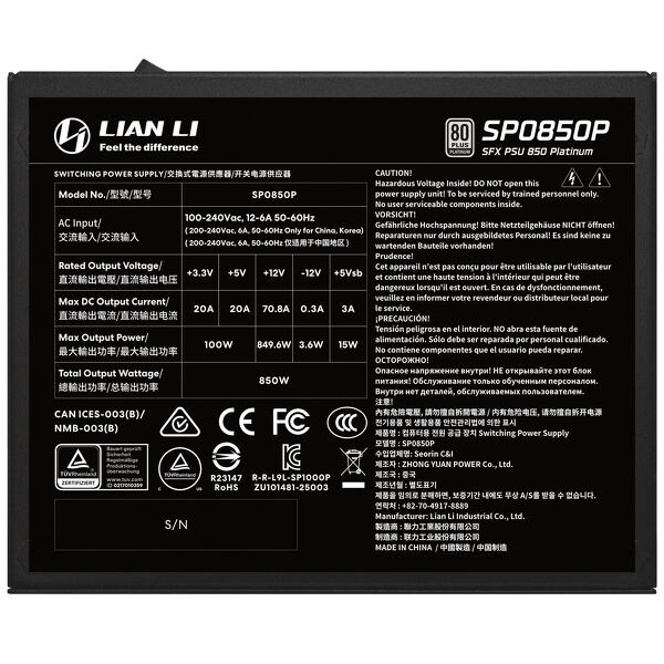 Zdjęcie produktu: Zasilacz Lian Li SP850 Platinum SFX ATX 3.1 PCIe 5.1 Czarny 850W