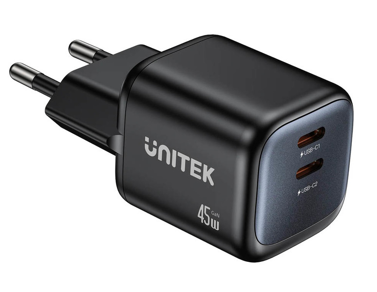 Zdjęcie produktu: Unitek Ładowarka sieciowa 2-portowa GaN 45W, 2xUSB-C, PD 3.0, QC, czarna