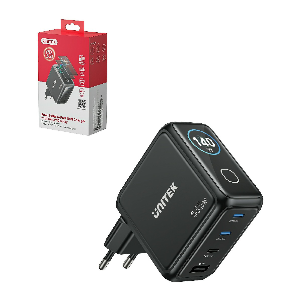 Unitek Ładowarka GaN z wyświetlaczem 140W 3xUSB-C 1xUSB-A PD3.0 QC4.0