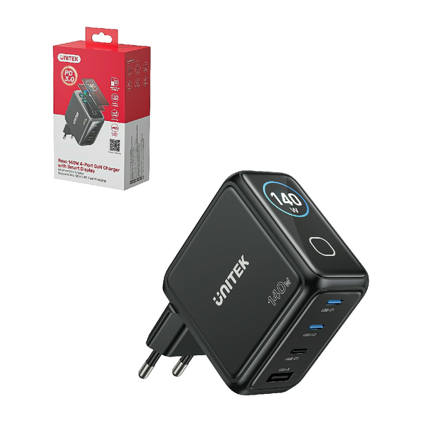 Zdjęcie produktu: Unitek Ładowarka GaN z wyświetlaczem 140W 3xUSB-C 1xUSB-A PD3.0 QC4.0