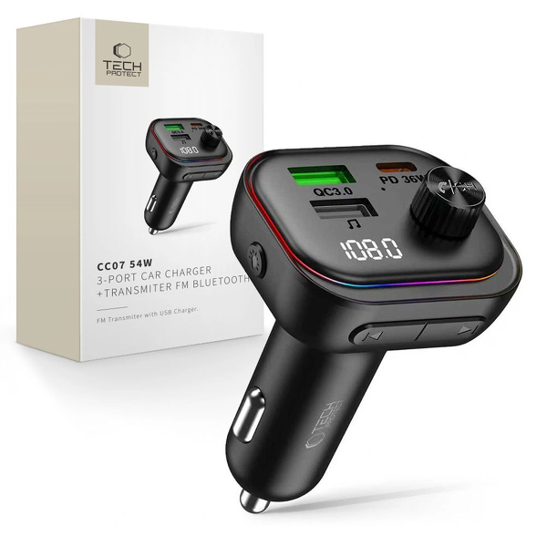 Zdjęcie produktu: Ładowarka samochodowa Tech-Protect CC07 3-Porty PD 54W + transmiter FM Bluetooth - czarna