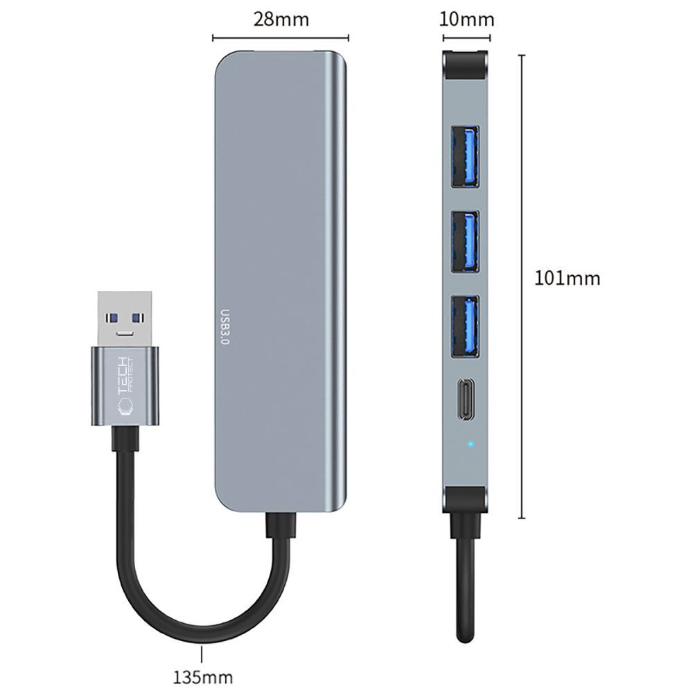 Tech-Protect V0 HUB 5w1 USB-A - USB-A 3.0 / 3x USB-A 2.0 / USB-C - szary