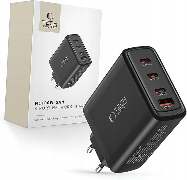 Zdjęcie produktu: Ładowarka NC100W-GAN sieciowa GaN 3x USB-C PD 100W / USB-A QC 3.0 - czarna