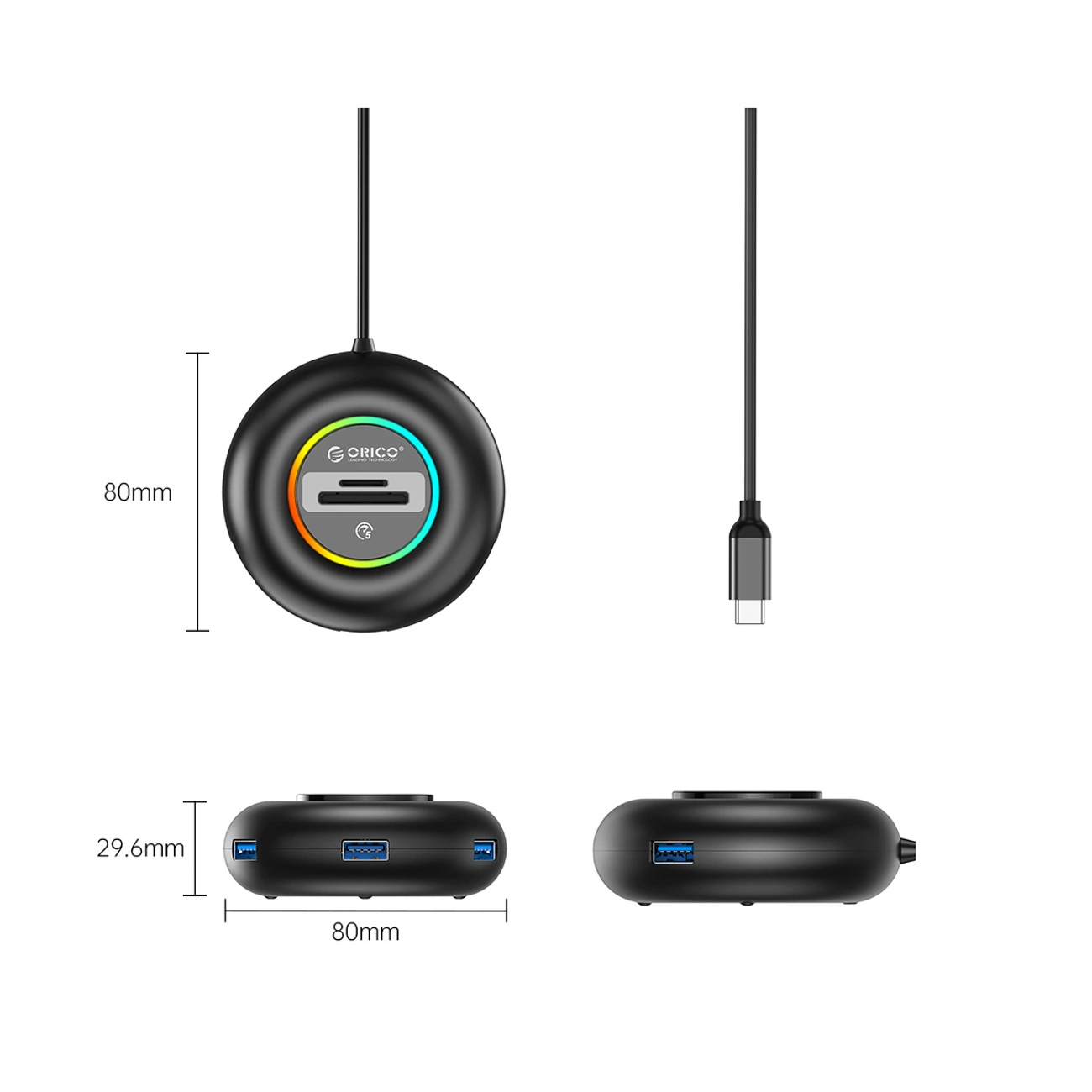 Hub USB Orico RGB 4-portowy USB-A 3.0 z czytnikiem SD i microSD 1,8m