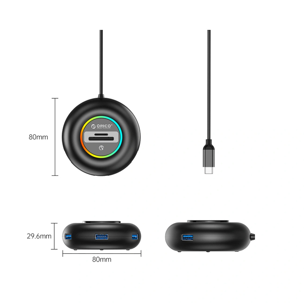 Zdjęcie produktu: Hub USB Orico RGB 4-portowy USB-A 3.0 z czytnikiem SD i microSD 1,8m