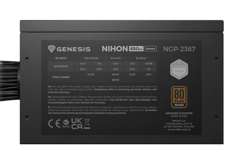Zasilacz Genesis Nihon 650NM Czarny 650W 80+ Bronze ATX 3.1 Zasilacz Genesis Nihon 650NM Czarny 650W 80+ Bronze ATX 3.1