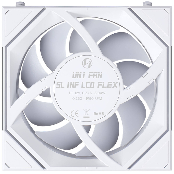Zdjęcie produktu: Lian Li Uni Fan SL-INF Flex LCD Wireless ARGB PWM Reverse Blade 120mm White Zdjęcie produktu: Lian Li Uni Fan SL-INF Flex LCD Wireless ARGB PWM Reverse Blade 120mm White