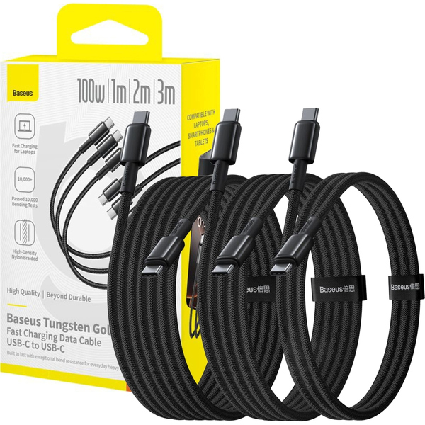 Zdjęcie produktu: Zestaw kabli Baseus Tungsten Gold 100W USB-C - USB-C 1m 2m 3m - czarny Zdjęcie produktu: Zestaw kabli Baseus Tungsten Gold 100W USB-C - USB-C 1m 2m 3m - czarny