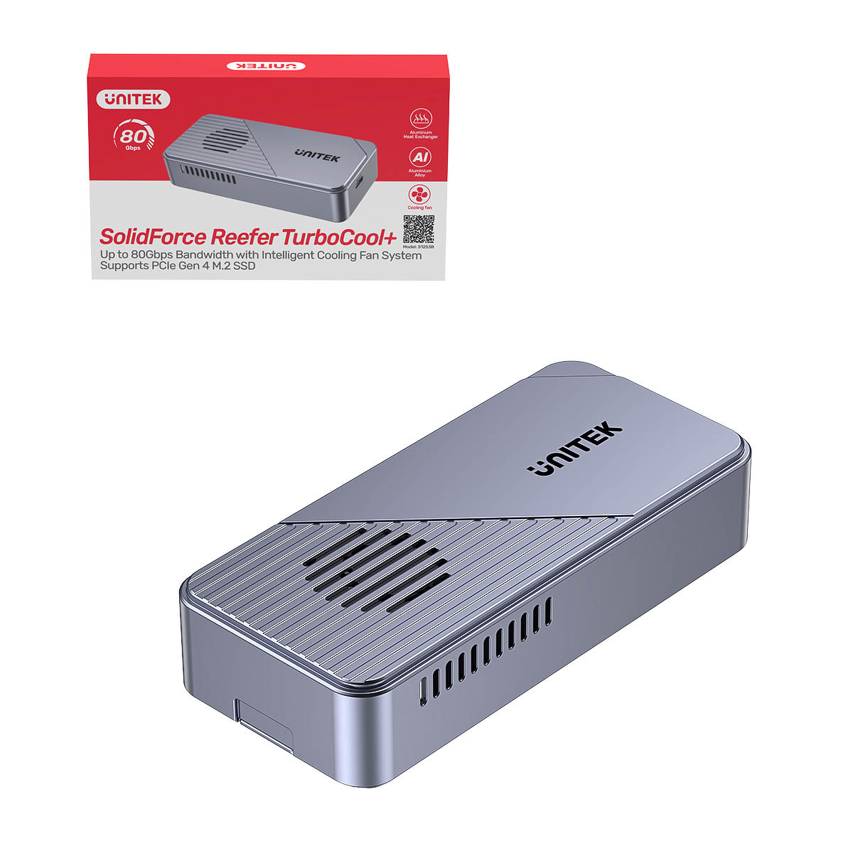 Unitek Obudowa na dysk SSD M.2 NVMe USB-C 80 Gbps z aktywnym chłodzeniem Unitek Obudowa na dysk SSD M.2 NVMe USB-C 80 Gbps z aktywnym chłodzeniem