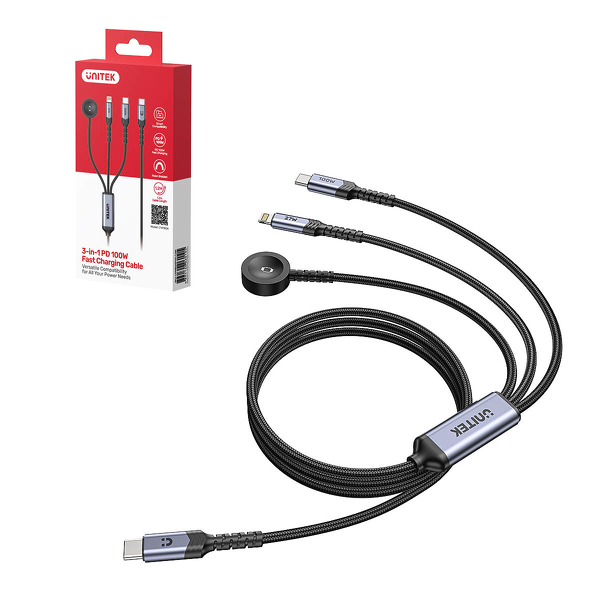 Zdjęcie produktu: Unitek Kabel 3-in-1 USB-C + Lightning + Apple Watch PD 100W 480 Mbps 1,2 m Zdjęcie produktu: Unitek Kabel 3-in-1 USB-C + Lightning + Apple Watch PD 100W 480 Mbps 1,2 m