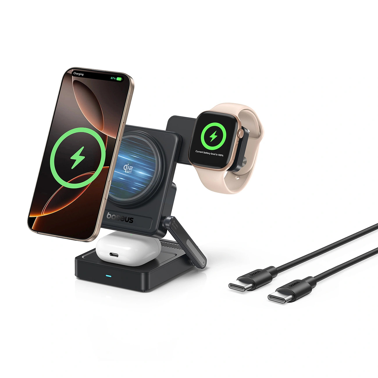 Ładowarka bezprzewodowa Baseus PicoGo AF21 3w1 Qi2.2 35W z kablem USB-C 1m