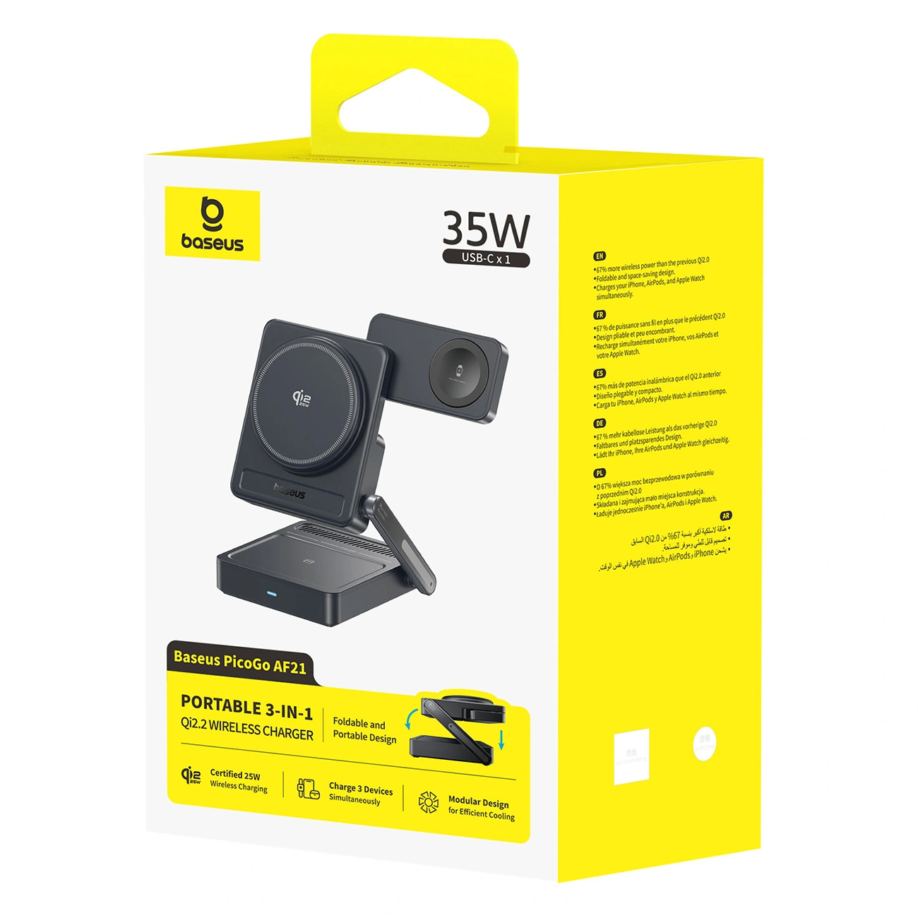 Ładowarka bezprzewodowa Baseus PicoGo AF21 3w1 Qi2.2 35W z kablem USB-C 1m