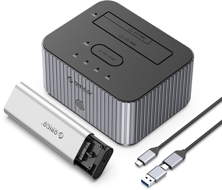 Orico Stacja dokująca na 2 dyski, 1x SATA 1x NVMe klonowanie USB-C 10Gbps Orico Stacja dokująca na 2 dyski, 1x SATA 1x NVMe klonowanie USB-C 10Gbps