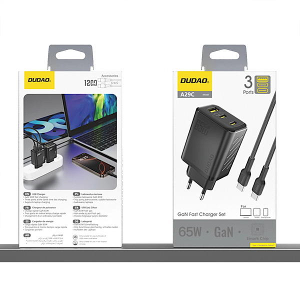 Zdjęcie produktu: Ładowarka sieciowa Dudao A29C 65W GaN + kabel USB-C - czarna