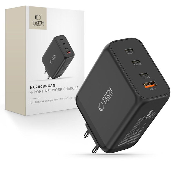 Zdjęcie produktu: Ładowarka sieciowa Tech-Protect NC200W-GaN 4-Porty 200W - czarna
