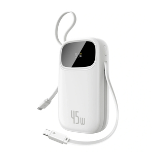 Miniatura produktu: Powerbank Baseus EnerFill FC31 QPow3 10000mAh 45W z wyświetlaczem cyfrowym z 2 wbudowanymi kablami USB-C - biały Miniatura produktu: Powerbank Baseus EnerFill FC31 QPow3 10000mAh 45W z wyświetlaczem cyfrowym z 2 wbudowanymi kablami USB-C - biały