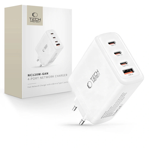Zdjęcie produktu: Ładowarka sieciowa Tech-Protect NC120W-GAN 4-Porty 120W - biała Zdjęcie produktu: Ładowarka sieciowa Tech-Protect NC120W-GAN 4-Porty 120W - biała
