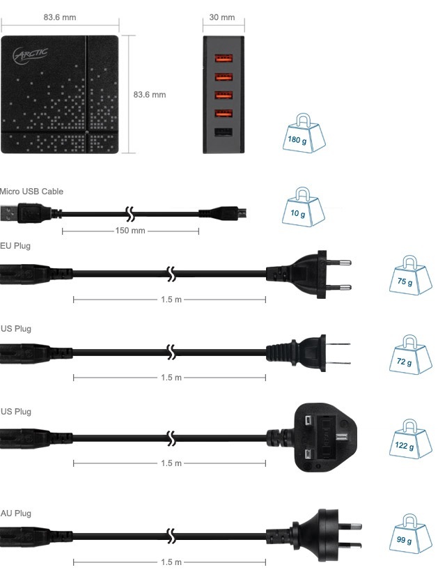 Zasilacz, ładowarka USB Arctic Global Charger 8000 5x USB (wtyczki EU, UK, US)