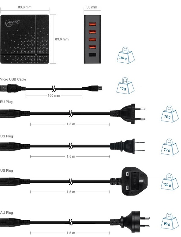 Zdjęcie produktu: Zasilacz, ładowarka USB Arctic Global Charger 8000 5x USB (wtyczki EU, UK, US)