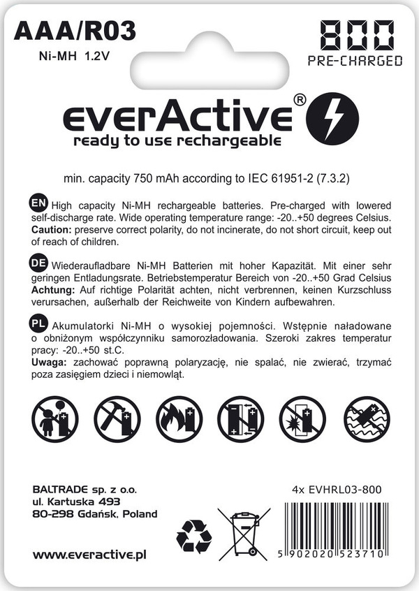 Zdjęcie produktu: everActive R03/AAA 800mAh Silver line - opak. 4 akumulatorki - blister (EVHRL03-800)