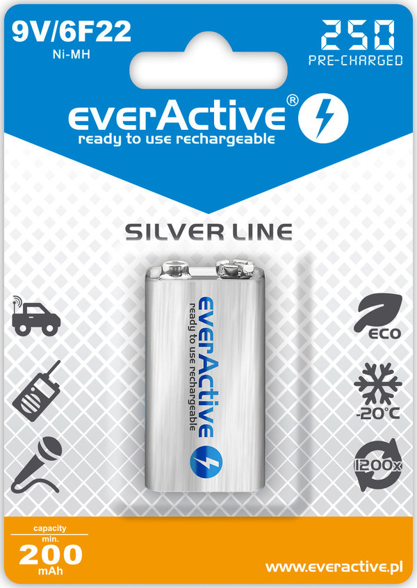 Zdjęcie produktu: everActive 6F22/9V R6 Ni-MH 250 mAh Silver line - opak. 1 akumulatorek - blister (EVHRL22-250)