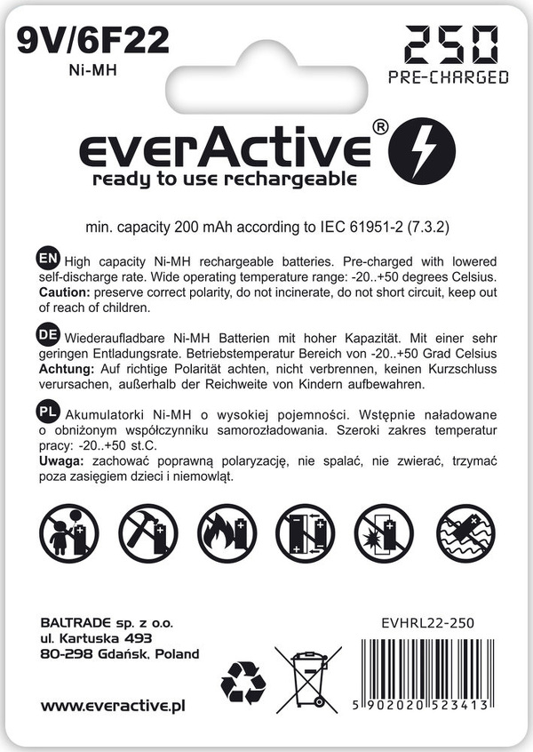 Zdjęcie produktu: everActive 6F22/9V R6 Ni-MH 250 mAh Silver line - opak. 1 akumulatorek - blister (EVHRL22-250)