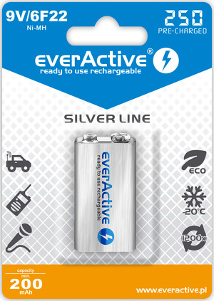 Miniatura produktu: everActive 6F22/9V R6 Ni-MH 250 mAh Silver line - opak. 1 akumulatorek - blister (EVHRL22-250)