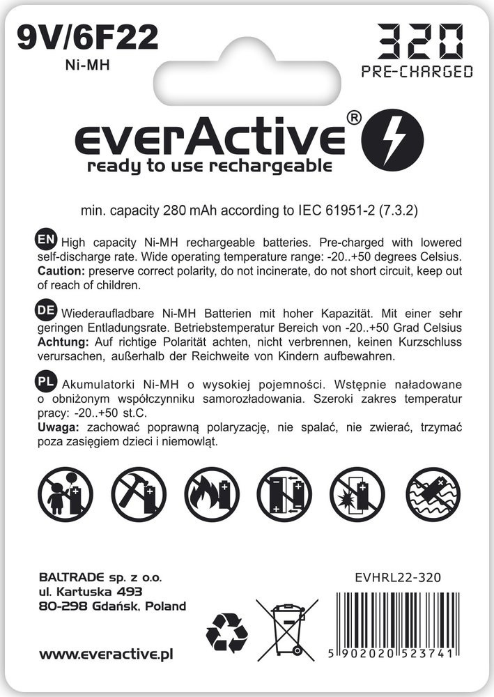 everActive 6F22/9V R6 Ni-MH 320 mAh Professional line - opak. 1 akumulatorek - blister (EVHRL22-320)