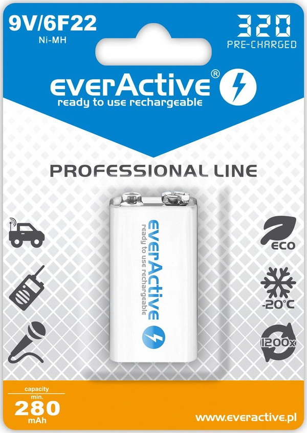 Zdjęcie produktu: everActive 6F22/9V R6 Ni-MH 320 mAh Professional line - opak. 1 akumulatorek - blister (EVHRL22-320)