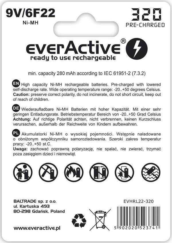 Zdjęcie produktu: everActive 6F22/9V R6 Ni-MH 320 mAh Professional line - opak. 1 akumulatorek - blister (EVHRL22-320)