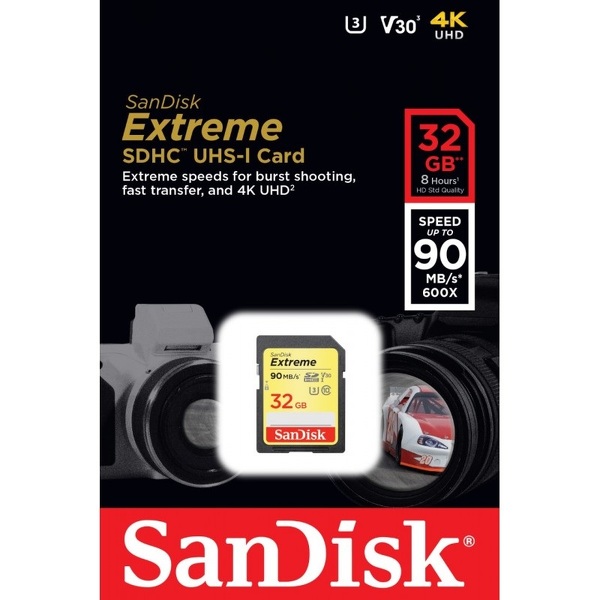 Zdjęcie produktu: Karta SanDisk Extreme SDHC 32GB 90/40 MB/s V30 UHS-I U3 (SDSDXVE-032G-GNCIN)
