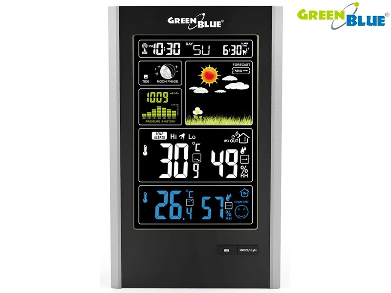 Zdjęcie produktu: Stacja pogody GreenBlue GB520 black, czarna bezprzewodowa DCF, ciśnienie, fazy księżyca, ładowarka USB