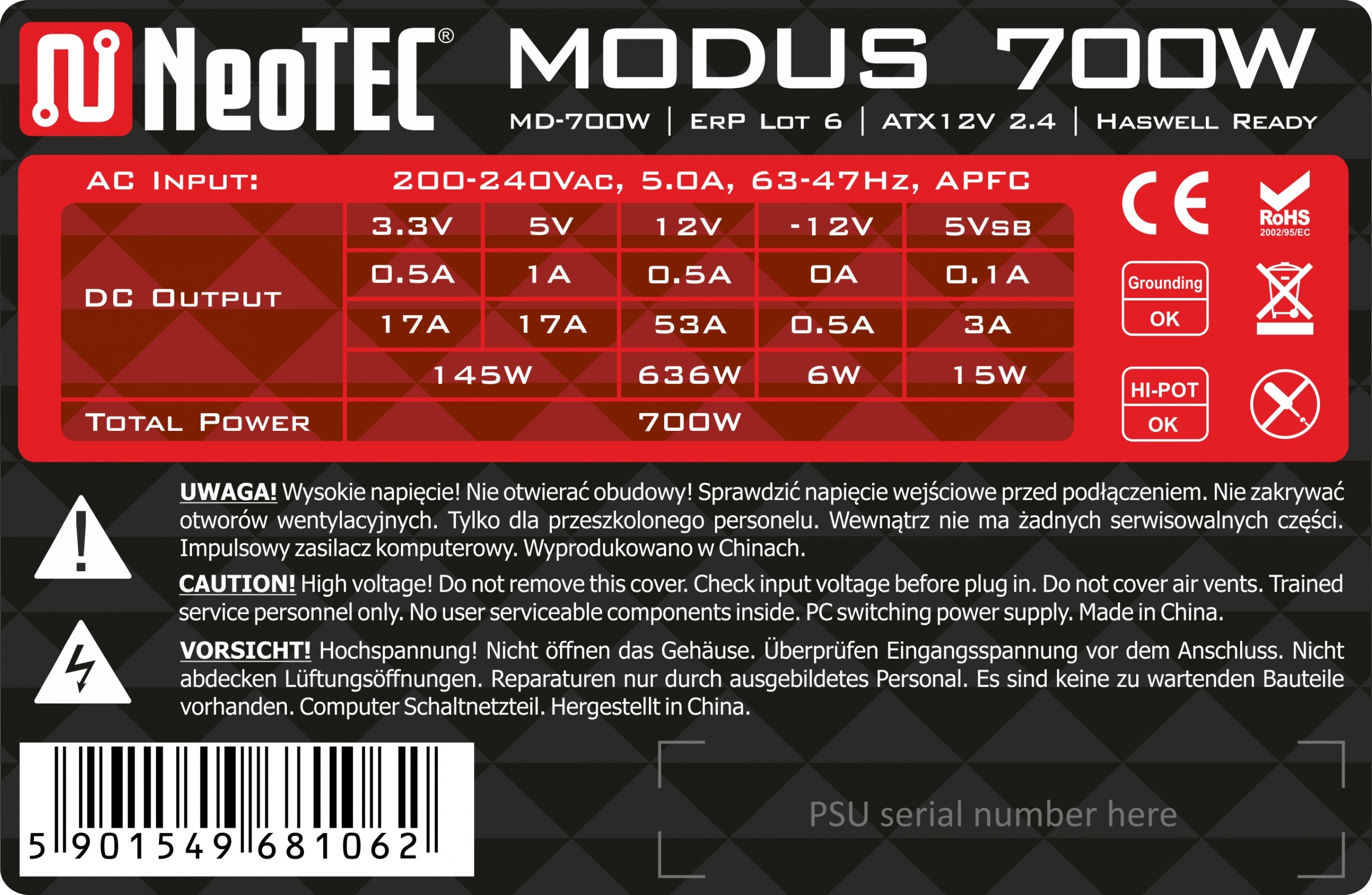 Zasilacz NeoTEC Modus MD-700W, odpinane okablowanie, ATX12V 2.4, 700W Zasilacz NeoTEC Modus MD-700W, odpinane okablowanie, ATX12V 2.4, 700W