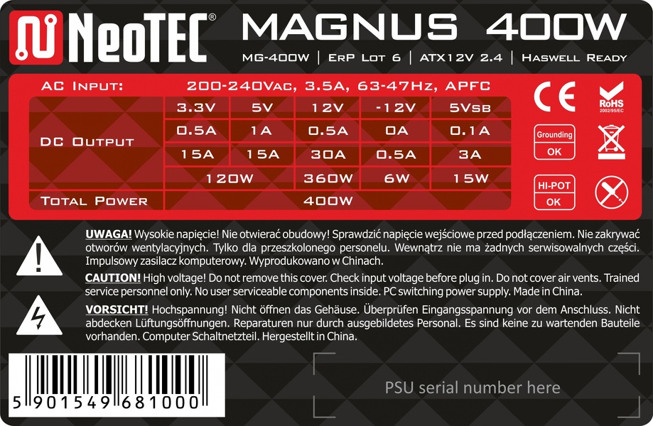 Zdjęcie produktu: Zasilacz NeoTEC Magnus MG-400W, ATX12V 2.4, 400W Zdjęcie produktu: Zasilacz NeoTEC Magnus MG-400W, ATX12V 2.4, 400W