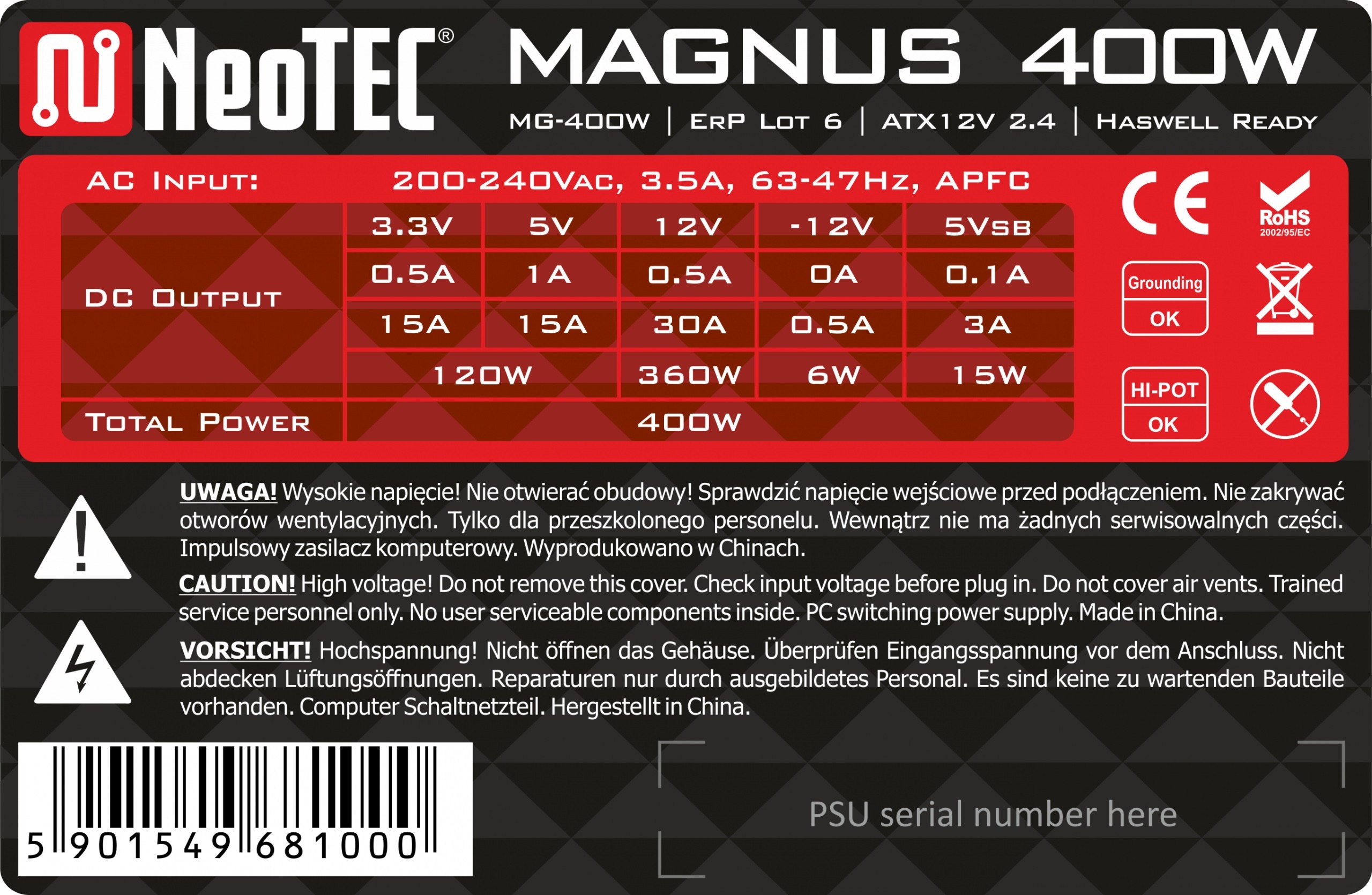 Zasilacz NeoTEC Magnus MG-400W, ATX12V 2.4, 400W Zasilacz NeoTEC Magnus MG-400W, ATX12V 2.4, 400W