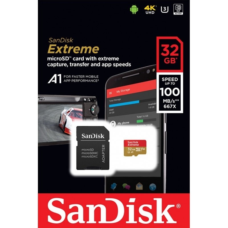 Karta SanDisk Extreme microSDHC 32GB 100/60 MB/s A1 C10 V30 UHS-I U3 Mobile (SDSQXAF-032G-GN6MA)